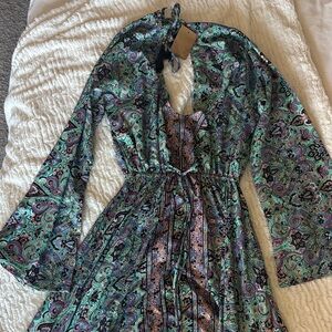 Paisley Print Maxi Dress with Bell Sleeves